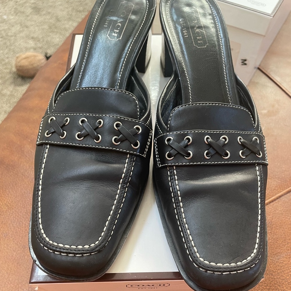 Black leather Coach heels mules. Super comfortable 2 inch heel